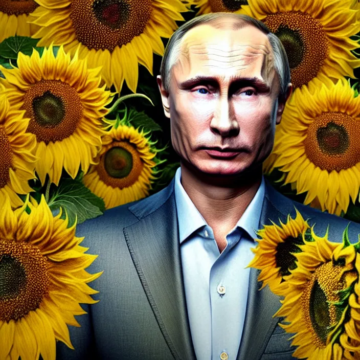 Prompt: photo portrait of Vladimir Putin - sunflowers - dressed in leisure shirt with ornamental ethereal sunflower pattern, natural skin tone, highly detailed realistic flowers ornament on the shirt, raging war and explosions in the background, eyebrows and wrinkles are intricate and highly detailed, elegant, Realistic, Refined, Highly Detailed, natural soft pastel lighting colors scheme, fine art photography by Cecil Beaton, volumetric lighting, hyper realistic photography