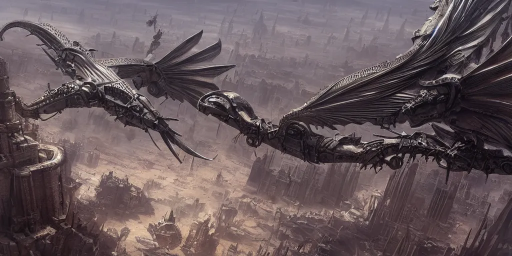 Image similar to giger steampunk wyvern flying over huge desert city, in style of federico pelat greg rutkowski