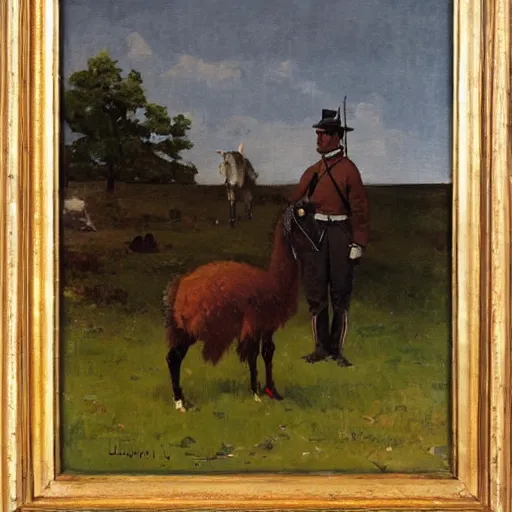 Image similar to oil painting by winslow homer of a civil war soldier and a llama.