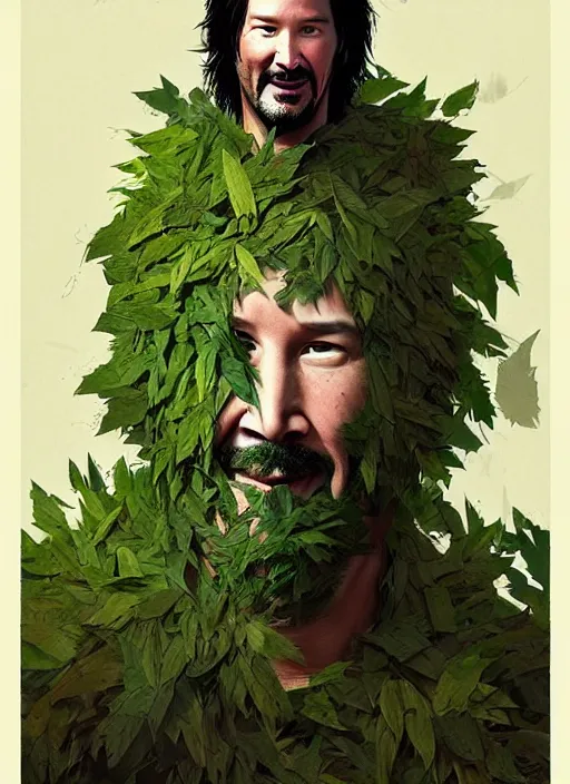 Image similar to highly detailed comedy caper movie poster with silly wacky zany keanu reeves as a sentient pile of leaves, keanu reeves green face as a sentient leafy bush by greg rutkowski, masterpiece, really funny, 1 0 / 1 0 comedy