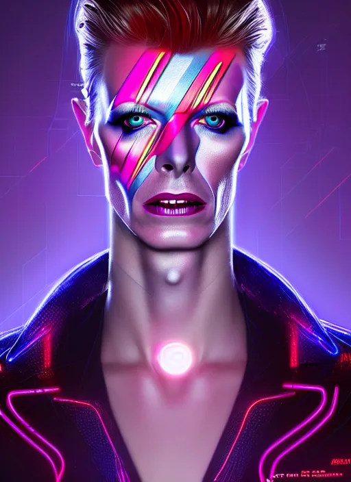 Image similar to portrait of david bowie cyber humanoid, intricate, elegant, cyber neon lights, highly detailed, digital painting, artstation, glamor pose, concept art, smooth, sharp focus, illustration, art by artgerm and greg rutkowski