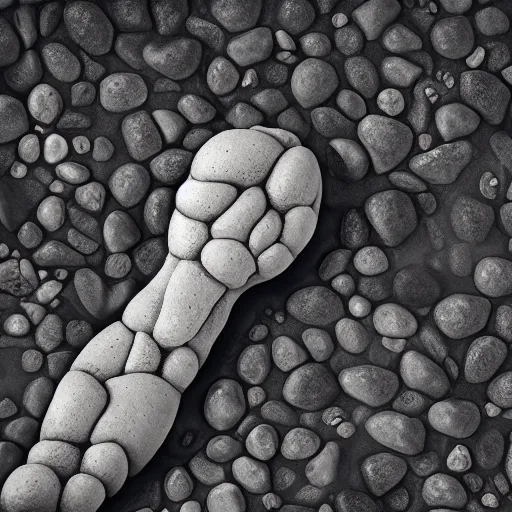 Image similar to an anatomical depiction of a kidney laying on top of a river bank made of river stones, well lit, octane, grey lighting, 4 k, award winning