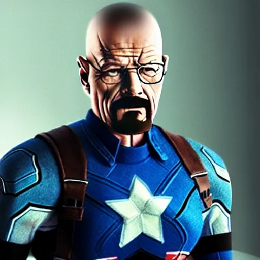 Image similar to hyper realistic photo of walter white donning a captain america suit