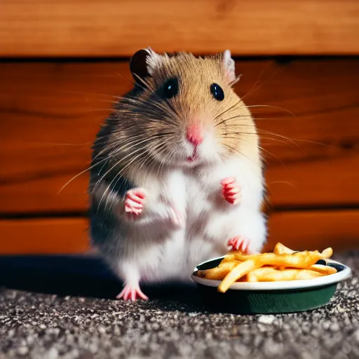Prompt: detailed photo of a hamster eating fries, mcdonald's, various poses, full body, unedited, daylight, dof 8 k