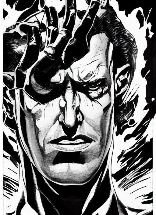 Prompt: portrait, comic villain, black and white comic panel, cover Art, inking, Dynamic lighting, cinematic, establishing shot, extremely high detail, photo realistic, cinematic lighting, pen and ink, intricate line drawings, post processed, concept art, artstation, matte painting, midjourney, style by alex ross, neal adam