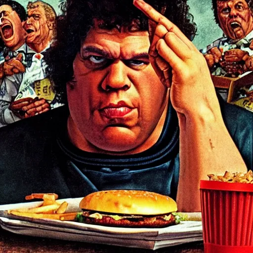 Prompt: andre the giant eating a massive big mac hamburger, extra pickles and onions, ultra detailed, style of norman rockwell, style of richard corben, 4 k, rule of thirds.