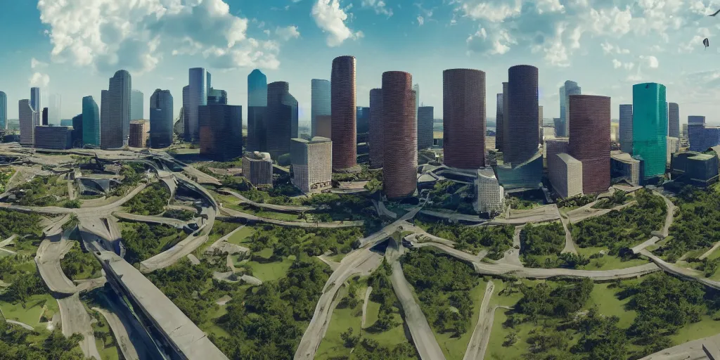 Image similar to panorama of houston texas in the future, sci - fi buildings and technologies, nature is lush and has been restored, birds are flying, realistic, beautiful, landscape, octane render, 8 k, peaceful, cinematic lighting, extremely detailed, hd, unreal