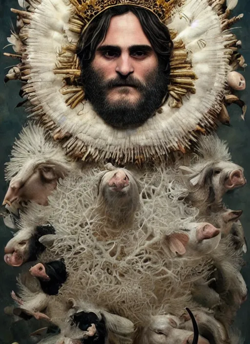 Image similar to a hyper detailed portrait of joaquin phoenix with a crown made of animals, cow horns, pig nose, sheep wool, chicken feather armor, by anna podedworna, by miklos ligeti, by diego maricato, by taran fiddler, by antonino truisi, by chris reddie, by jinsung lim, trending on artstation