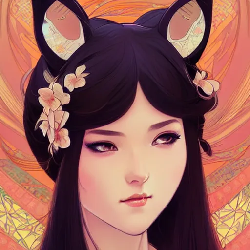 Image similar to A beautiful woman with fox ears who wears kimono, highly detailed, digital painting, artstation, concept art, smooth, sharp focus, illustration, art by artgerm and alphonse mucha, high definition digital art, in the style of Ross tran and ilya kuvshinov