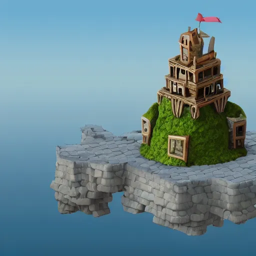 Image similar to flying castle atop a floating island, realistic