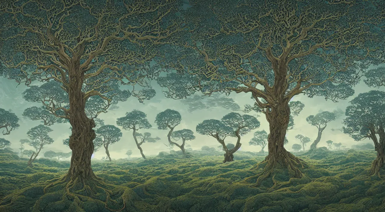 Prompt: A Beautifully Enigmatic Painting of a Dreamy Landscape with a giant oak tree of life by Laurie Greasley, Victo Ngai, Taro Okamoto, Benoit B. Mandelbrot, Caspar David Friedrich, Rich Colours, 4K 64 megapixels 8K resolution HDR Cinema 4D
