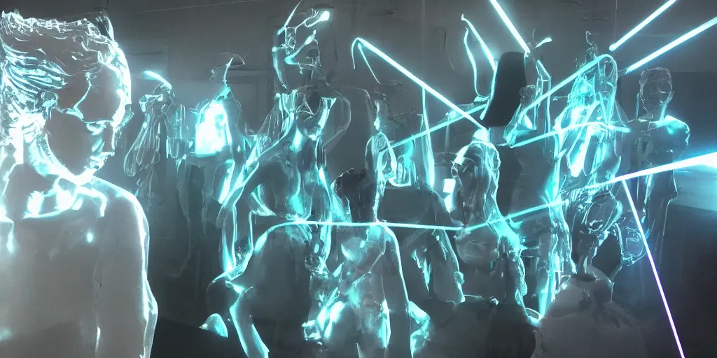 Prompt: sculptures, lasers, glowing people, skin, god rays, hair, ultra detailed