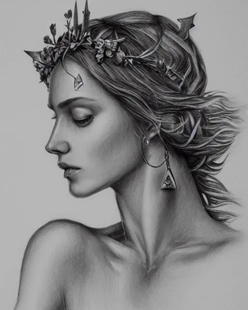 Image similar to pencil drawing of the very beautiful greek goddess aphrodite wearing a laurel wreath with arrowhead earrings, piercing eyes, beautiful flowing hair, hyper realistic face, in the style of greg rutkowski, fantasy, amazing detail, epic, elegant, smooth, sharp focus, young