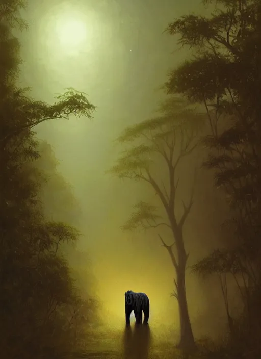 Image similar to a beautiful black jaguar walking in the jungle at night, art by christophe vacher