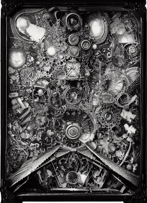 Image similar to old wetplate daguerreotype, the unveiling of pandora's box, explosion of data fragments, fractal, intricate, elegant, highly detailed, parallax, leica, medium format, subsurface scattering, by jheronimus bosch and greg rutkowski and louis jacques mande daguerre