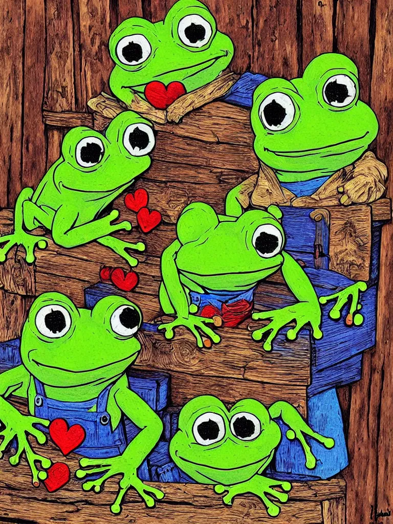 Prompt: resolution hyper realistic weathered background happiness of pepe love and life read dead redemption 2 pepe the frog and sitting out side their rustic Tavern multi colored frogs by tiny pepe adventurers the value of love a clear prismatic of love, warm ,pepe the frog , art in the style of Akihito Tsukushi and James Whistler and Victor Nizovtsev realism