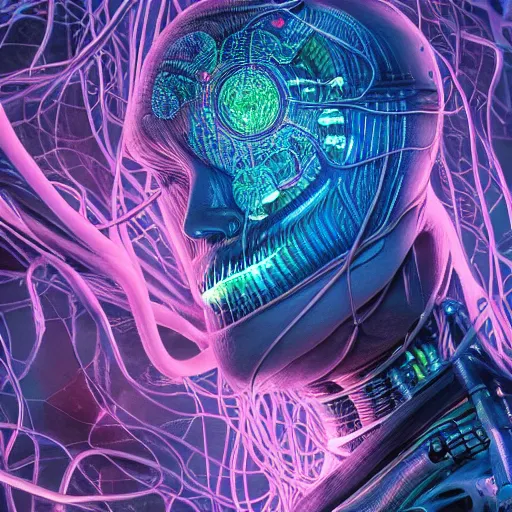 Prompt: hyperrealistic, photo of a giant cyborg head, shrouded in a huge intricate synaptic network with bundled cable wiring and neuronal connection tentacles sprawling swirling everywhere, flashing electronic lights, cyberpunk machines, by lovecraft, by giger, by artgerm, by beeple, smooth gradients, vibrant colors, photorealistic, cinematic