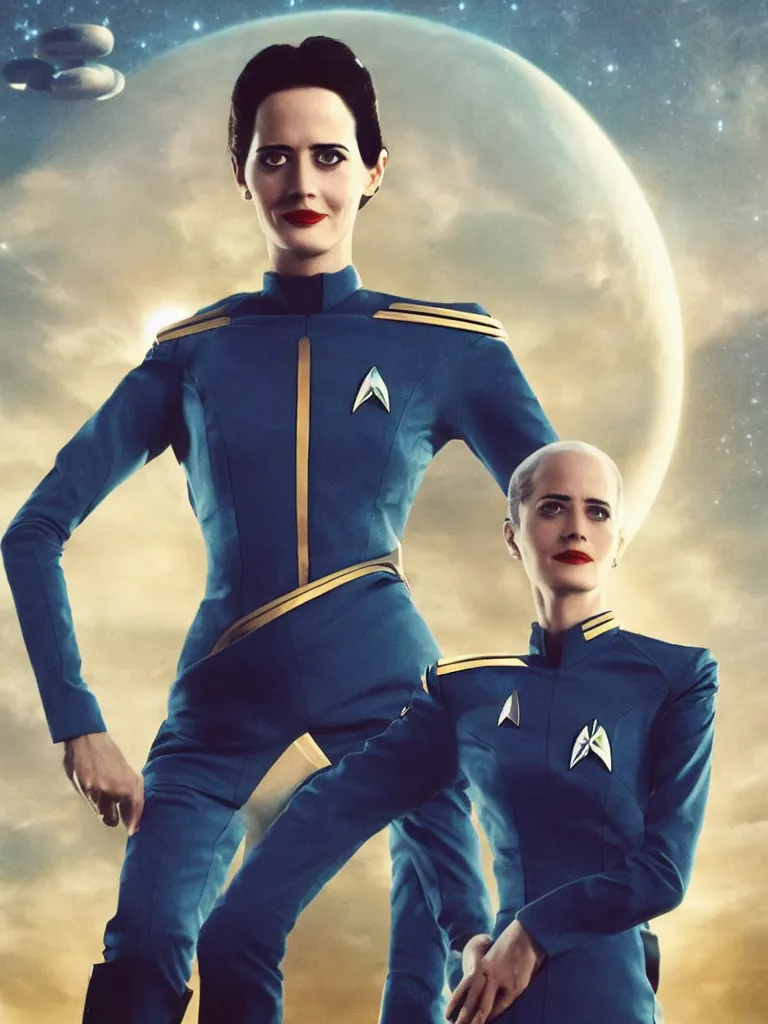 Image similar to a full body photograph of 3 0 year old eva green as a star fleet officer from star trek next generation, ultra rendered, extreme realism and detail, 8 k, highly detailed, realistic, completely framed, hyper realistic, colorful, direct lighting, 3 5 mm photo, photorealistic, sharp focus