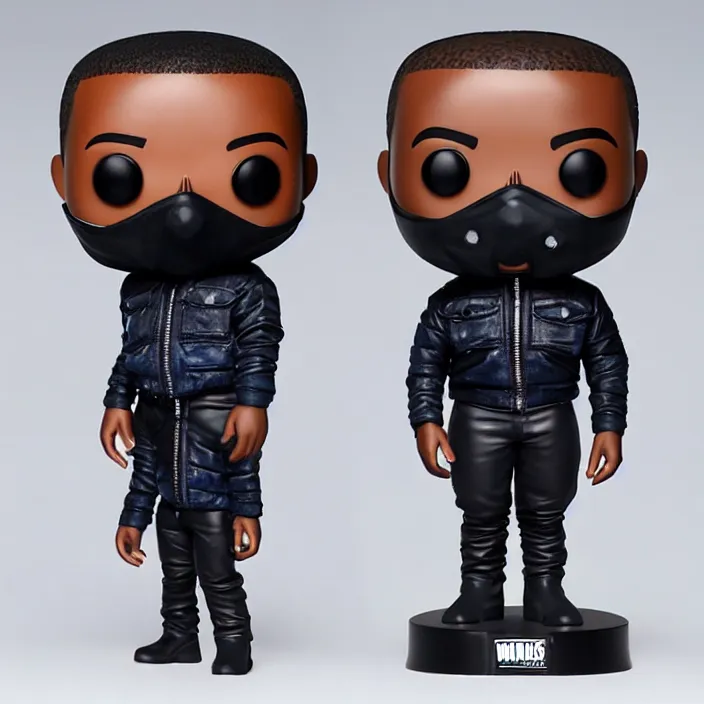 Image similar to a funko pop of kanye west using a full face covering black mask, a small, tight, undersized reflective bright blue round puffer jacket made of nylon, dark jeans pants and big black balenciaga rubber boots, figurine, detailed product photo