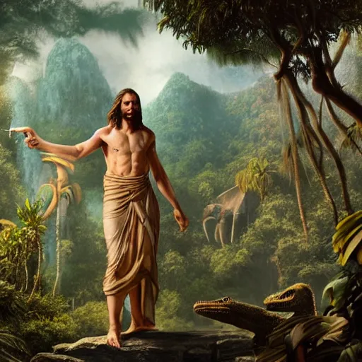 Prompt: a detailed matte painting of a ridiculously good looking jesus who is best friends forever with a velociraptor, elegant ancient greek dress, jungle as the background, drinking a martini, very detailed, beautiful, intricate, art by greg rutkowski and robert e howard, octane render