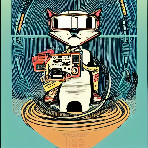 Image similar to Illustrated by Shepard Fairey and Moebius | Cyberpunk cute kitty with VR helmet, surrounded by cables