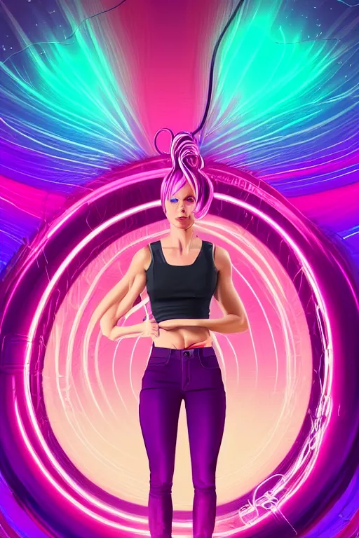 Image similar to a award winning half body portrait of a beautiful woman in a croptop and cargo pants with ombre purple pink teal hairstyle surrounded by whirling illuminated lines, outrun, vaporware, shaded flat illustration, digital art, trending on artstation, highly detailed, fine detail, intricate