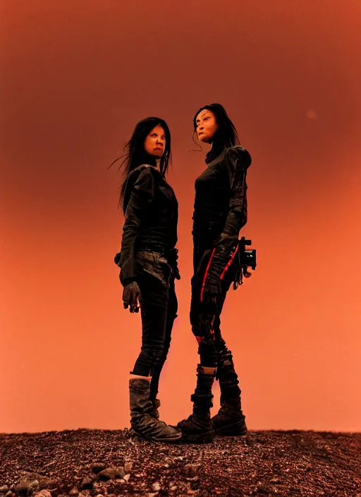 Prompt: cinestill 5 0 d photographic portrait of two loving androids, beautiful women wearing rugged black techwear on a desolate plain with a red sky, extreme closeup, lizard on ground, cyberpunk style, in front of a brutalist dark metal facility, dust storm, 3 5 mm, 8 k, f / 3 2, high resolution, ultra realistic faces