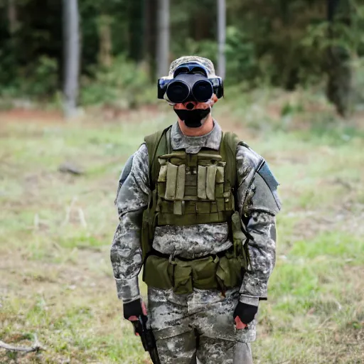 Image similar to a Fox dressed in a modern American military soldier uniform with night vision goggles, 85mm f/1.4