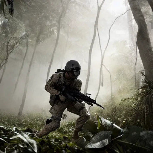 Image similar to Mercenary Special Forces soldier in light grey uniform with black armored vest and helmet launching an ambush attack in the jungles of Tanoa, combat photography by Feng Zhu, highly detailed, excellent composition, cinematic concept art, dramatic lighting, trending on ArtStation