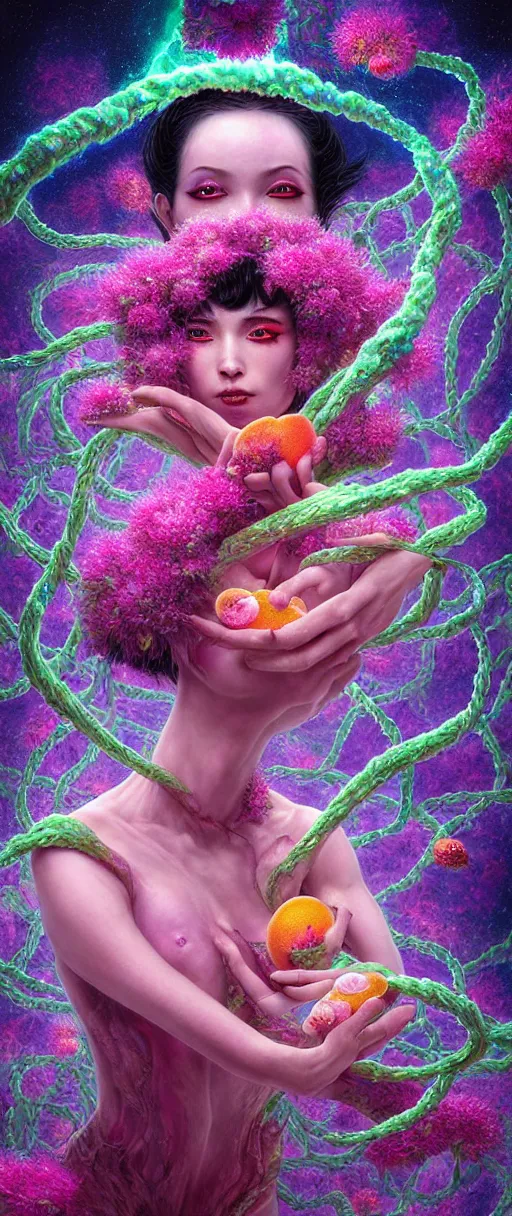 Prompt: hyper detailed 3d render like a Oil painting - kawaii portrait Aurora demon (ancient black haired Fae acrobat) seen Eating of the Strangling network of yellowcake aerochrome and milky Fruit and Her delicate Hands hold of gossamer polyp blossoms bring iridescent fungal flowers whose spores black the foolish stars by Jacek Yerka, Mariusz Lewandowski, Houdini algorithmic generative render, Abstract brush strokes, redshift render, Masterpiece, Edward Hopper and James Gilleard, Zdzislaw Beksinski, Mark Ryden, Wolfgang Lettl, hints of Yayoi Kasuma, extremely detailed, 8k