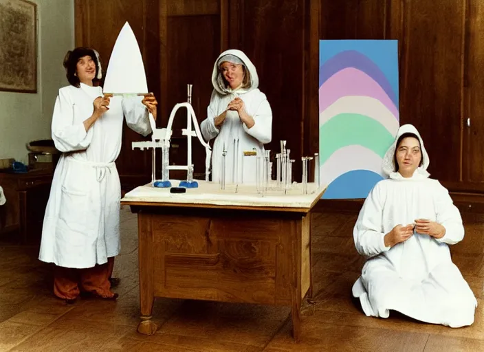 Prompt: realistic photo two medieval female scientists wearing white cotton doing an experiment with a cloud and rainbow, living room interior is made of wood 1 9 9 0, life magazine reportage photo