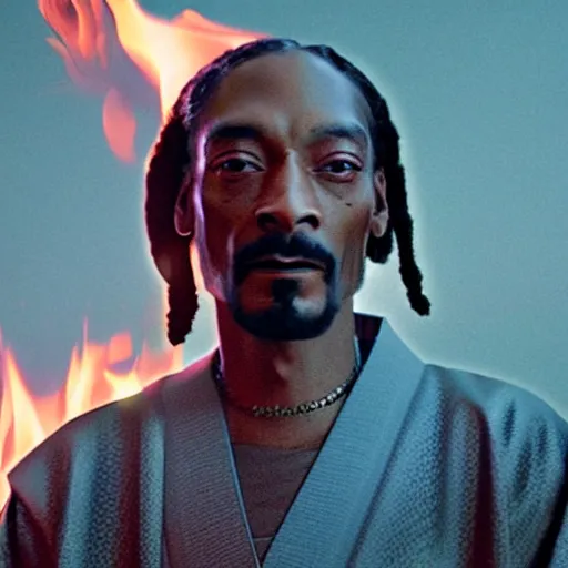 Image similar to cinematic film still of Snoop Dogg starring as a Samurai holding fire, Japanese CGI, VFX, 2022, 40mm lens, shallow depth of field, film photography