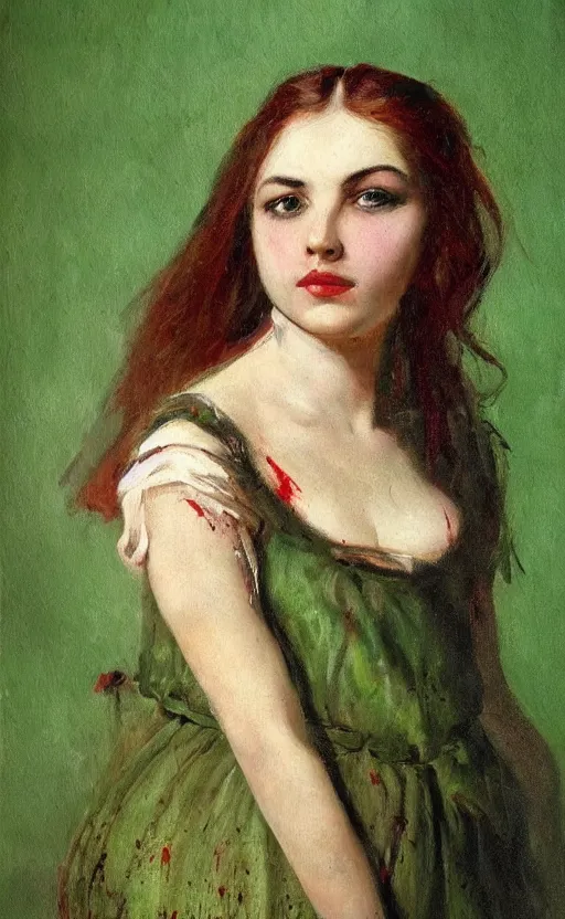 Image similar to by 1 9 th century famous painter, portrait, young woman, blood smear, blood dripping, knife, realism, realistic, oil painting, green wallpaper background