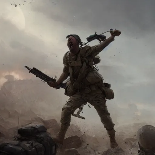 Image similar to a soldier screaming during an battlefield, Matte painting , detailed painting, greg rutkowski