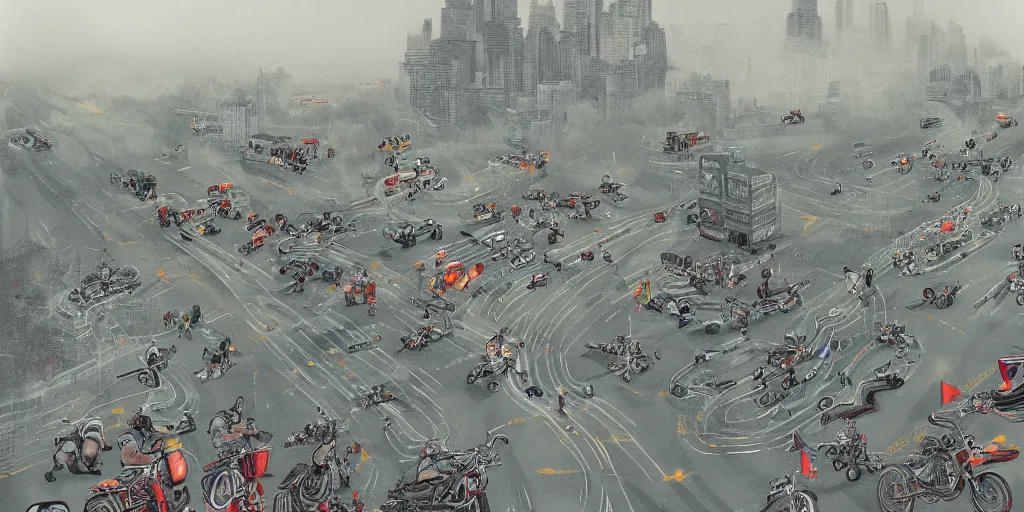 Prompt: a city in the clouds, foggy, a highway weaving through the clouds with a group of motorcycle riders driving down the road, highly detailed, by james jean