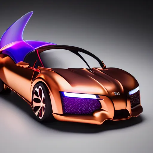 Image similar to award winning product photography, 3 5 mm lens, of a glossy orange metallic and shiny purple metallic shiny ergonomic hololens in style of a bugatti cheyvron, studio lighting,