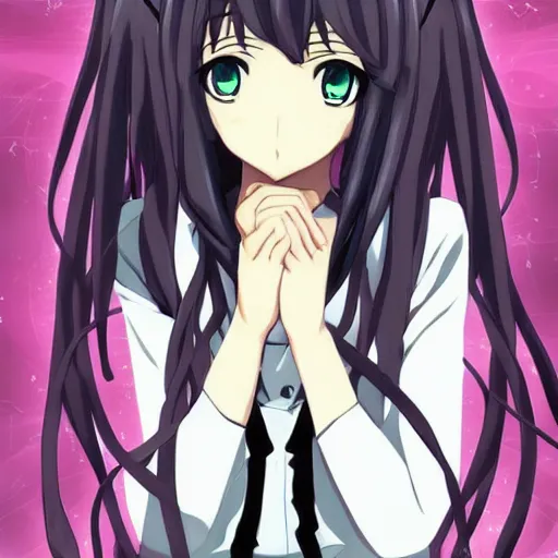 Image similar to anime moe personification of existentialism, absurdism, brooding anime girl philosopher