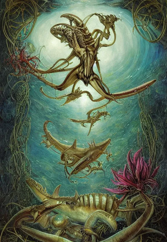 Image similar to simplicity, elegant, colorful muscular sharks, human babies, botany, orchids, radiating, colorful mandala, psychedelic, overgrown garden environment, by h. r. giger and esao andrews and maria sibylla merian eugene delacroix, gustave dore, thomas moran, pop art, biomechanical xenomorph, art nouveau, apocalyptic
