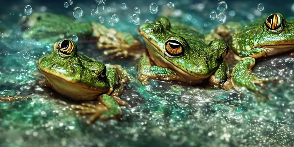 Prompt: a very intricately detailed underwater photo of a frogs cuddling. a lot of bubbles, diffracting the light. extreme detail, artstation hq, 8 k