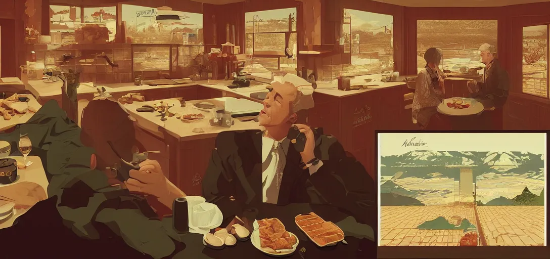 Prompt: twin peaks poster by michael whelan and tomer hanuka, rendering of a man looking confused at a waffle, inside a kitchen, full of details, by makoto shinkai and thomas kinkade, matte painting, trending on artstation and unreal engine
