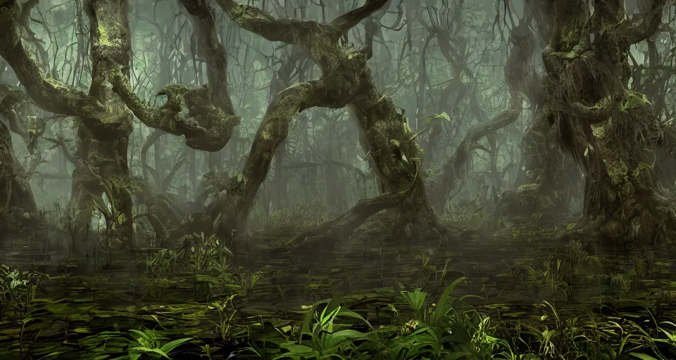 Image similar to A dense and dark enchanted forest with a swamp, from NCSOFT