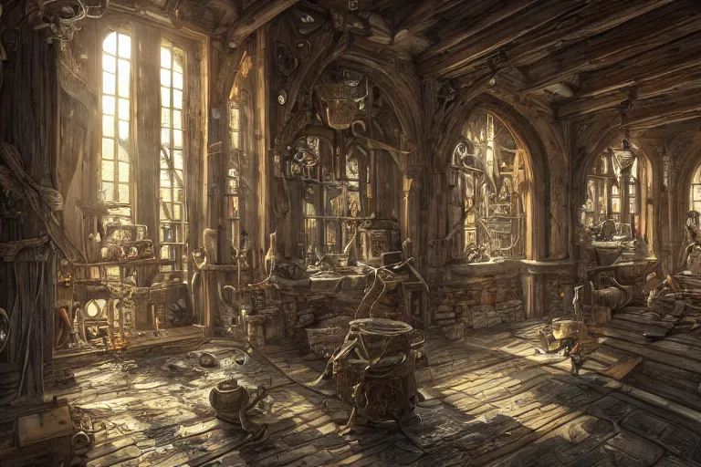 Image similar to A carpenters shop viewed from the inside, texture, intricate, details, highly detailed, masterpiece, architecture, building, trending on artstation, focus, sharp focus, concept art, digital painting, fantasy, sunny, day, midday, in the style of Dungeons and Dragons