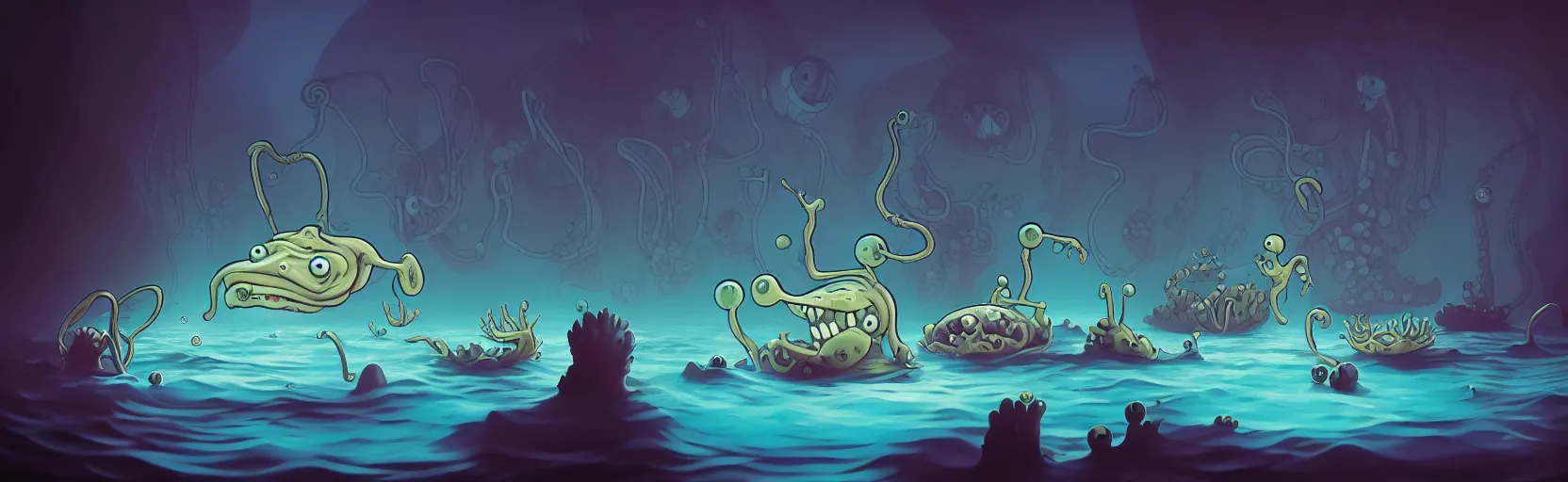 Image similar to wild whimsical watery mutants from the depths of deep sea of the unconscious, dramatic lighting, surreal fleischer cartoon characters, shallow dof, surreal painting by ronny khalil