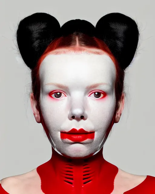 Image similar to symmetrical close - up portrait of a woman wearing a red silicone beauty mask and hair buns, wearing a black bodysuit by alexander mcqueen, cream white background, soft light, biotechnology, humanoide robot, bjork aesthetic, translucent, by rineke dijkstra, masterpiece,