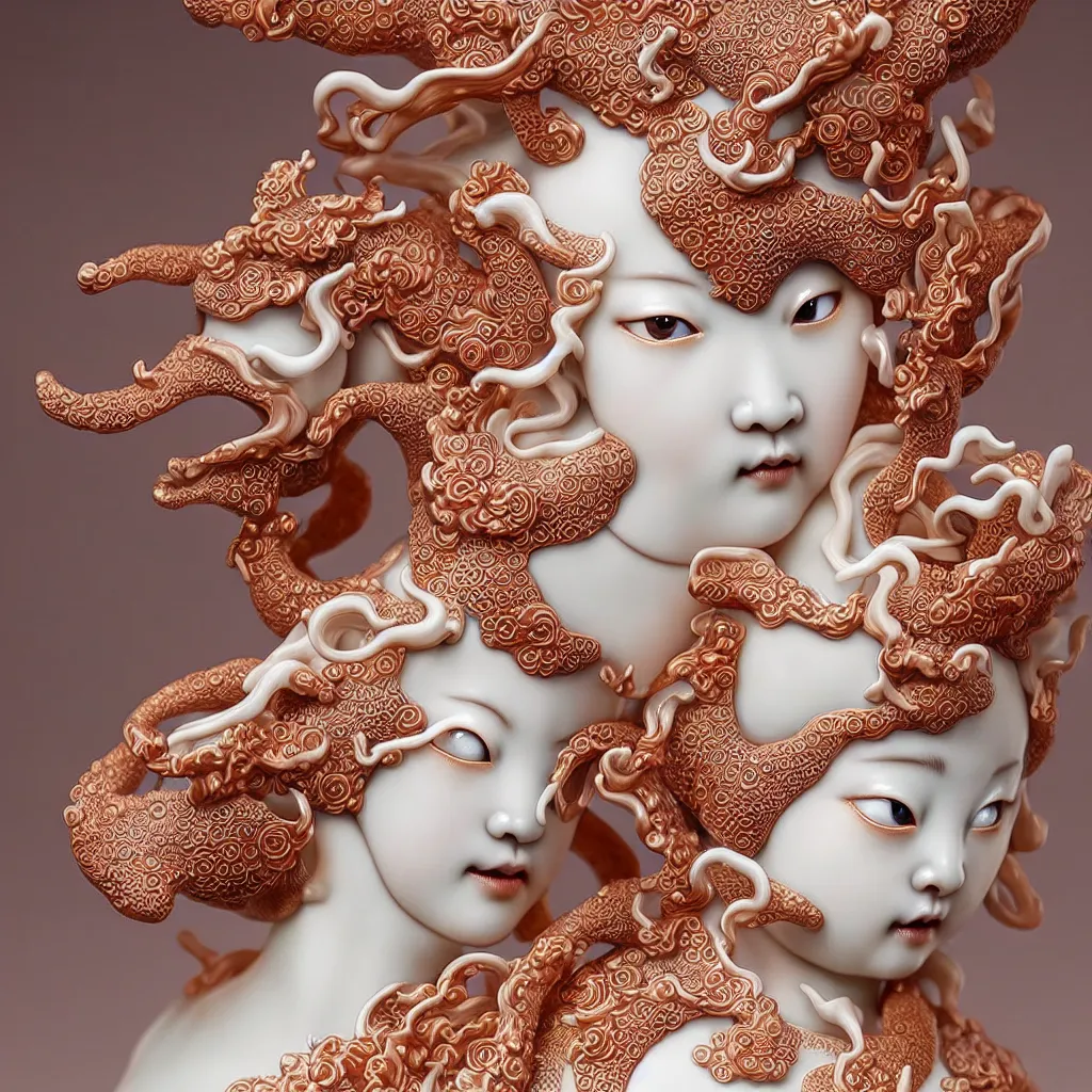 Image similar to a single close up photo - real delicate ceramic porcelain sculpture of an ornate kitsune detailed in front of an intricate background by victo ngai and takato yamamoto, micro detail, backlit lighting, face in focus, subsurface scattering, translucent, thin porcelain, octane renderer, colorful, physically based rendering, japanese pottery, trending on cgsociety