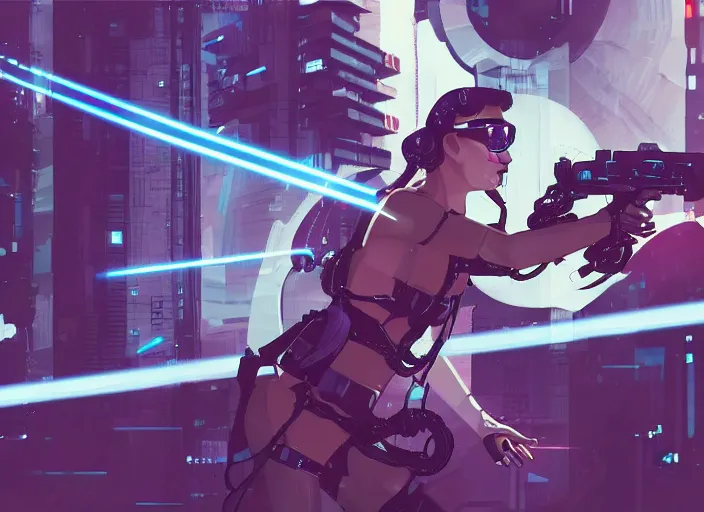 Prompt: g girl firing a laser gun, animatic, high quality, cyberpunk