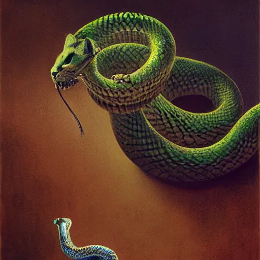 Prompt: a cat clawn playing with a cobra snake in the circus HD photo superrealism 3d 8k resolution, Portrait by Zdzislaw Beksinski and Jeffrey Smith, oil on canvas