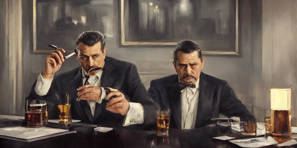 Image similar to beautiful oil matte portrait painting, mafia boss holding a cigar and drinking whiskey at his 5 0 s new york office desk, wonderful masterpiece highly detailed, beautiful cinematic light deep focus, elegant, digital painting, smooth, sharp focus, golden ratio, dramatic illumination, ultra realistic, 8 k, art by jimmy law