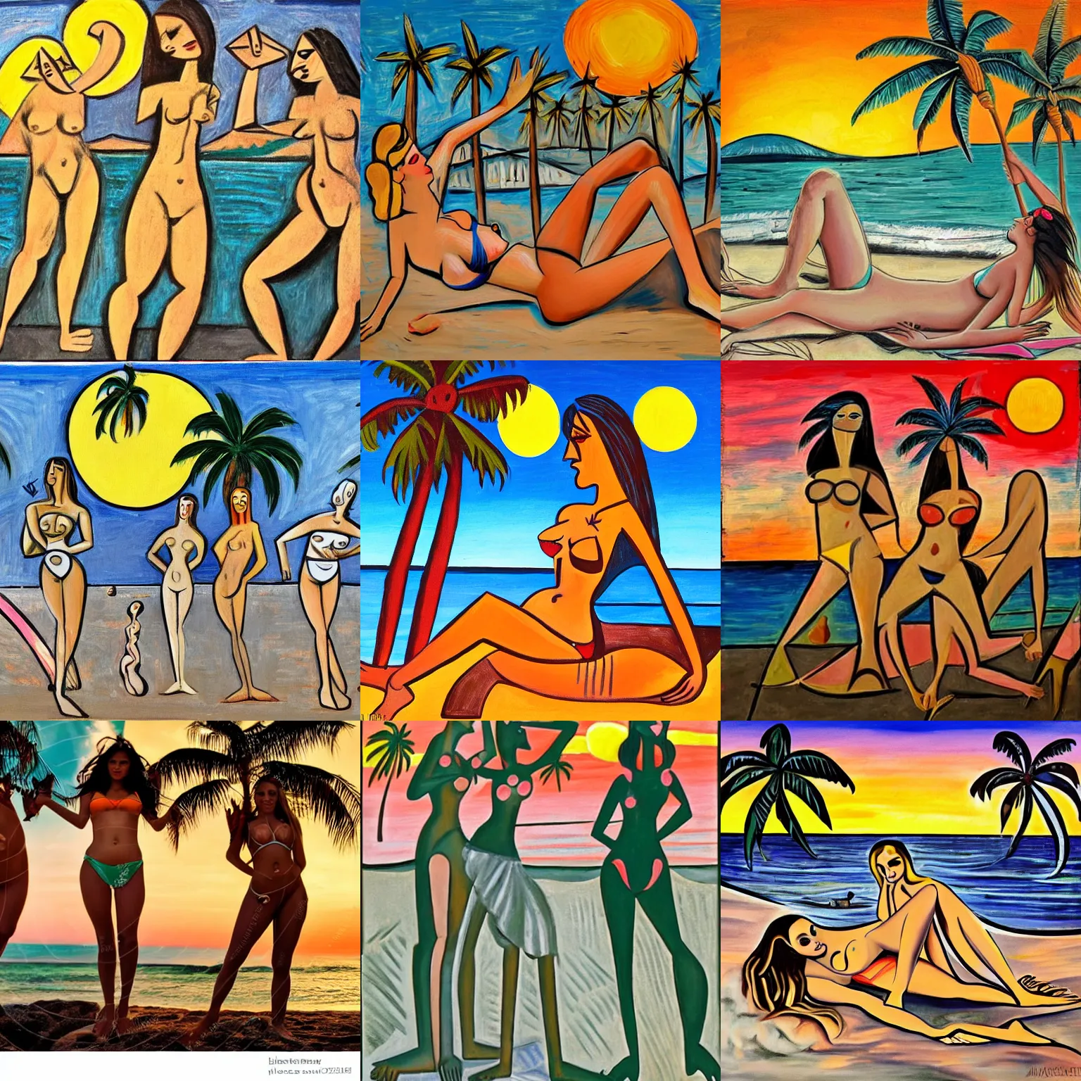 Prompt: extremely attractive bikini girls in guernica picasso style on a beach with palm trees sunset
