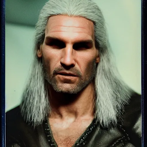 Prompt: polaroid of Hyper-real Geralt of rivia face shot by Tarkovsky
